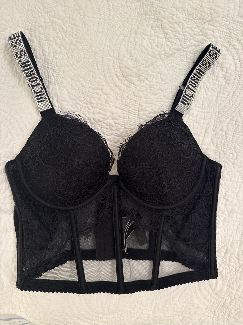 Victoria's Secret Black Lace Longline Bra with Logo Straps